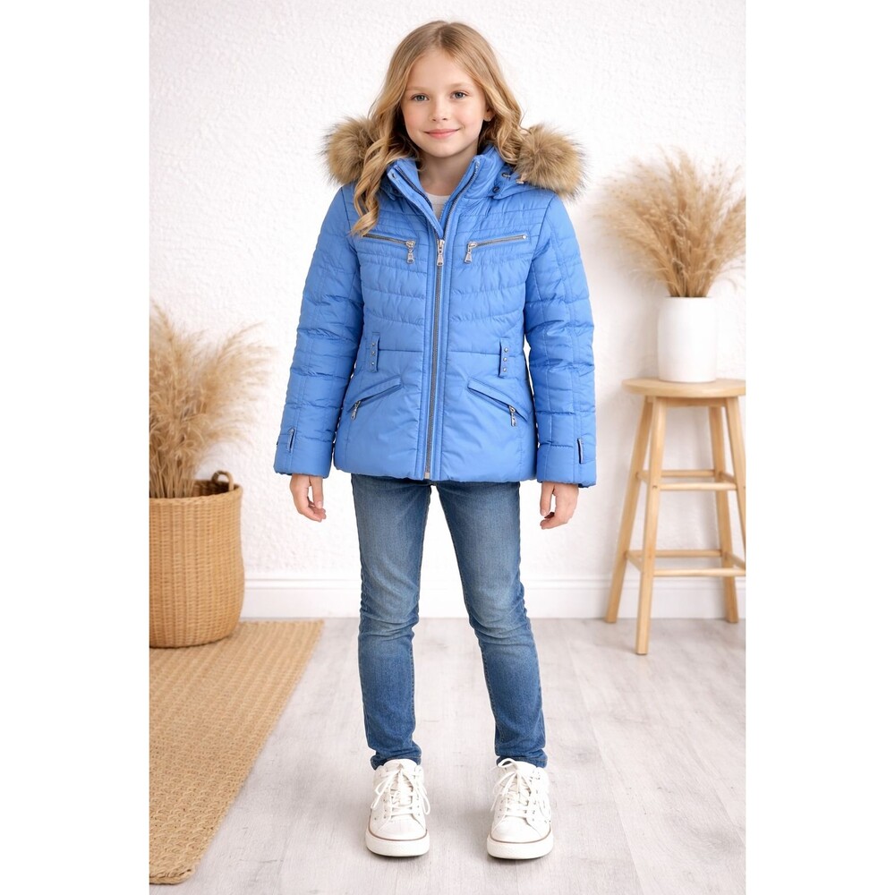 POIVRE BLANC Kids Girls 8 Ski Jacket Blue Fur Hood Insulated Zip Winter Coat